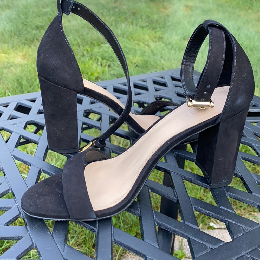 Office London black suede block heels